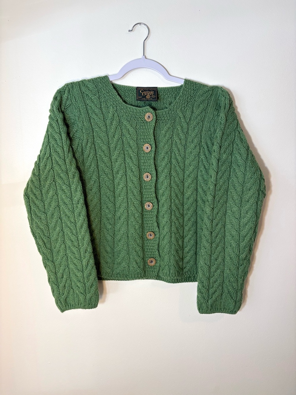 Vintage 80s/90s Carraig Donn Irish Merino Wool Cable Knit Cardigan Green EUC M